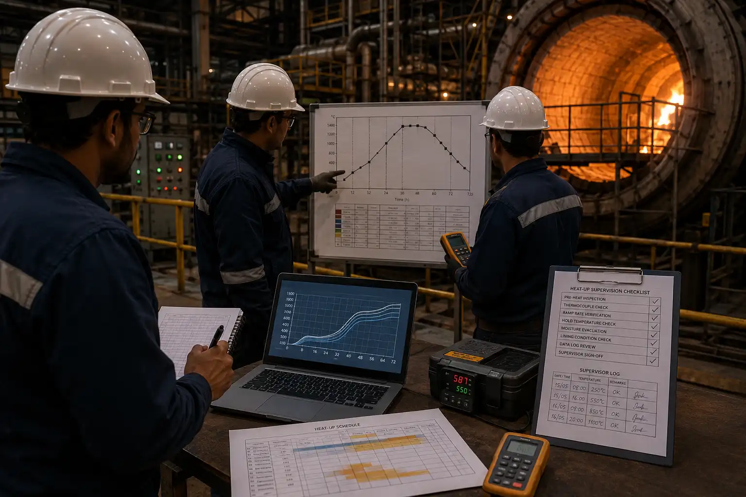 What is your engineered heat-up schedule, and who is physically present to supervise it?